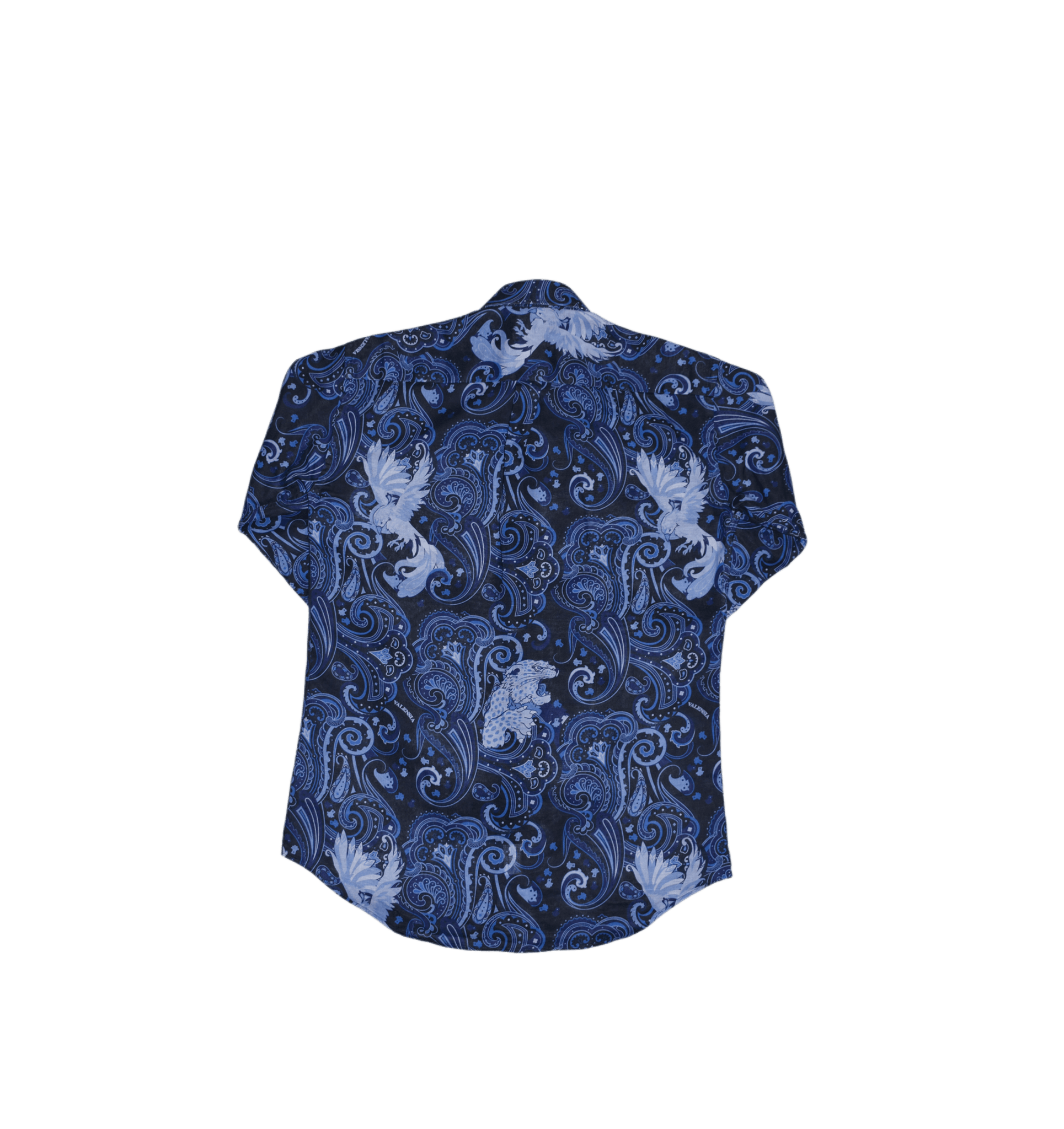 Camicia fantasia blu misto lino sagoma dietro- VALENSIA MODA