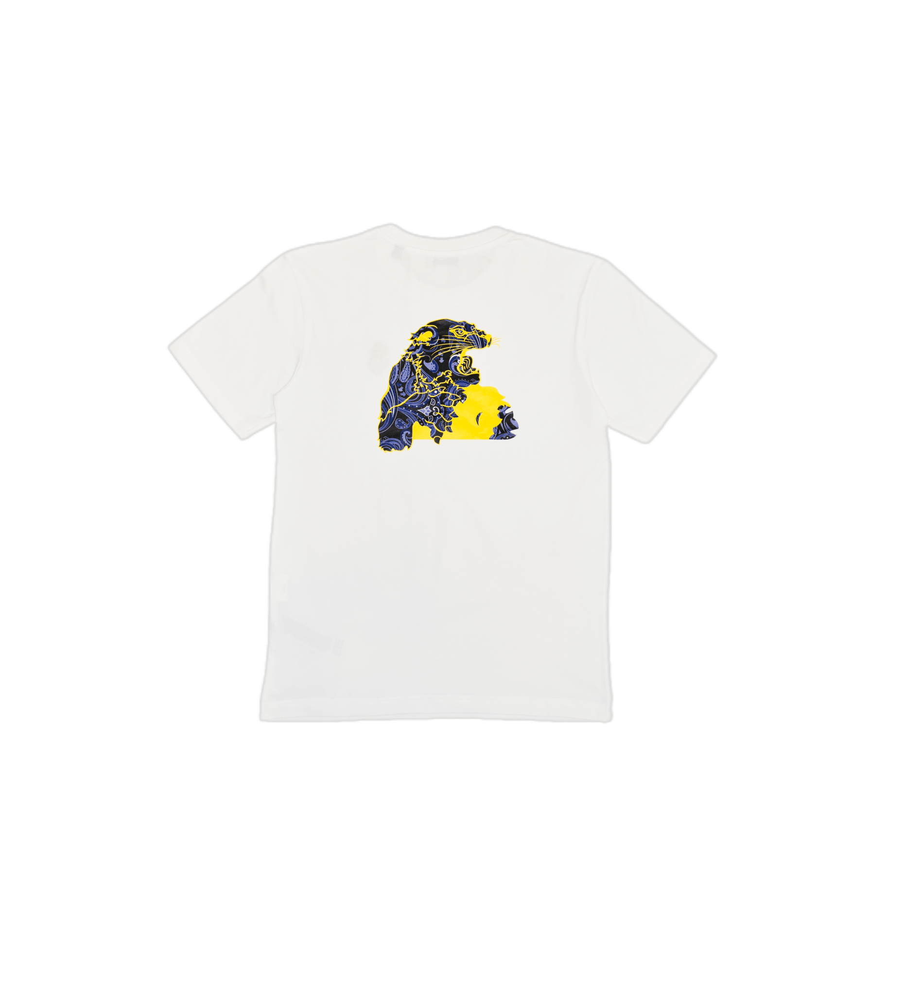 Maglietta cotone organico giaguaro paisley blu sagoma dietro che mostra la stampa del giaguaro - VALENSIA MODA